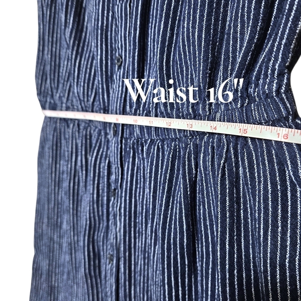 Wmns Navy Blue Striped Button Front Dress M Sleeveless Linen Beach Coastal Chic - Picture 13 of 14
